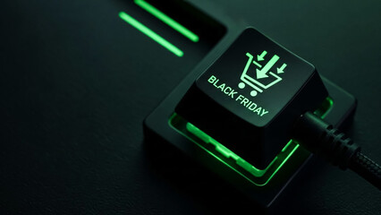 Close up of a glowing green black friday keyboard key symbolizing online shopping deals and holiday sales excitement on white background