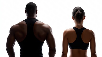Athletic strength and fitness: african male and caucasian female adults in sportswear