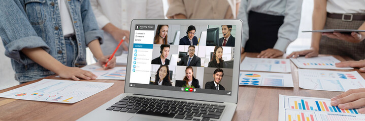 Business people on video conference for brisk virtual group meeting of corprate business office workers