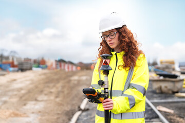 Portrait of confident female land surveyor with long hair in bright safety gear using surveying instrument to perform land survey on building site