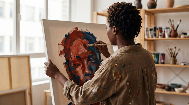 Black woman artist painting a colorful portrait in her art studio - Powered by Adobe
