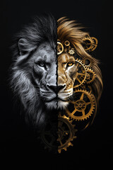 A majestic lion silhouette against the BLACK backdrop, LION KING, POWERFUL AND SAVIOR.	