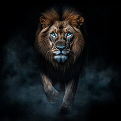 A majestic lion silhouette against the BLACK backdrop, LION KING, POWERFUL AND SAVIOR.	