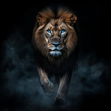 A majestic lion silhouette against the BLACK backdrop, LION KING, POWERFUL AND SAVIOR.	