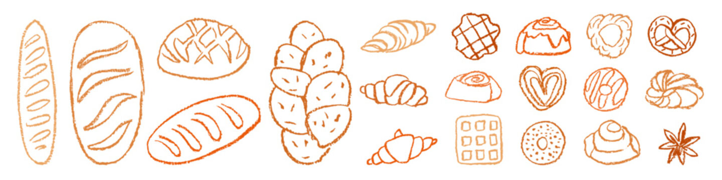Set of bakery products drawn with crayon. Hand drawn pastries in crayon style. Chalk doodle illustrations with bread and cakes for bakery menus or food design.