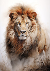 A majestic lion silhouette against the BLACK backdrop, LION KING, POWERFUL AND SAVIOR.	