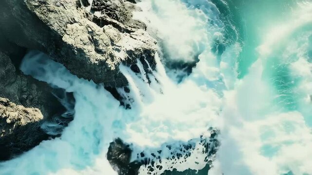 Turquoise waves crashing against rocky shoreline in a coastal landscape