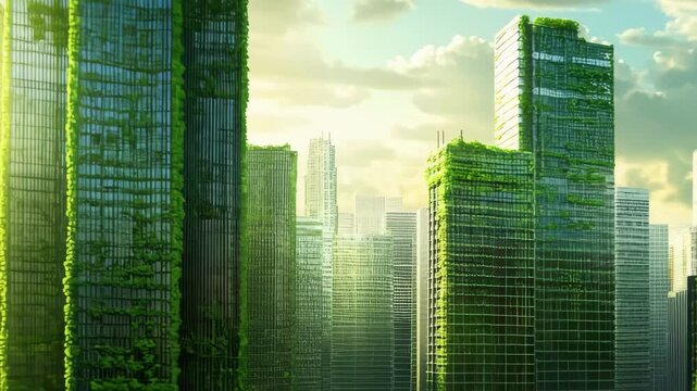 Urban landscape showcasing green skyscrapers integrated with nature during sunset