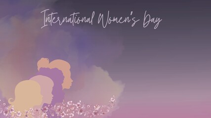 International women's day displaying diverse female silhouettes, representing global equality, empowerment, and sorority with blooming flowers on a gradient purple background