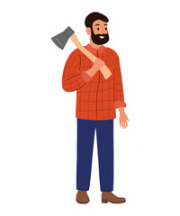 Woodcutter. Man stands outside with an axe over his shoulder, smiling and dressed in a plaid shirt and pants.