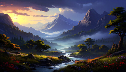 mountains with forest and stream