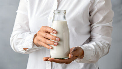 Woman holding glass bottle of milk in white shirt indoors  