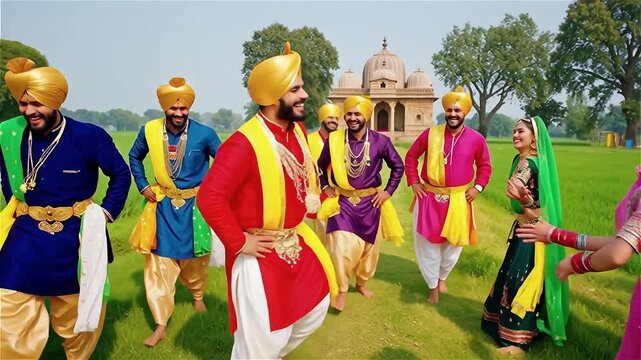 Happy group of Punjabi dancers performing Bhangra in a rural field. Indian men and women in colorful traditional clothes celebrating Baisakhi festival.