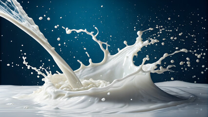 Milk splash from pouring jug against dark blue background  