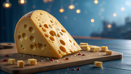 Cheese wedge and cubes on wooden board with festive lights in background  