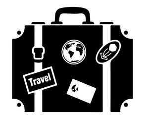 The black and white silhouette of a suitcase with stickers is a journey, research and a history of wandering. For travel blogs, travel agencies, and packaging. Vector graphics. EPS.