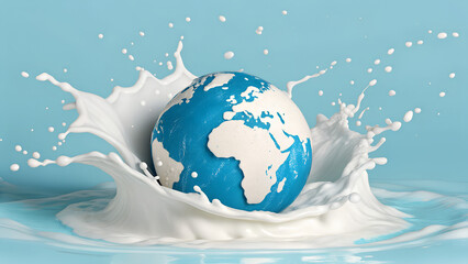 Globe splashing in milk against a blue background  