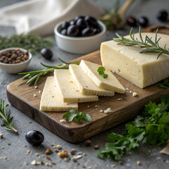 Cheese slices on wooden board with herbs and olives in kitchen  