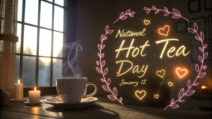 Warm cup of tea with candles and text for National Hot Tea Day  