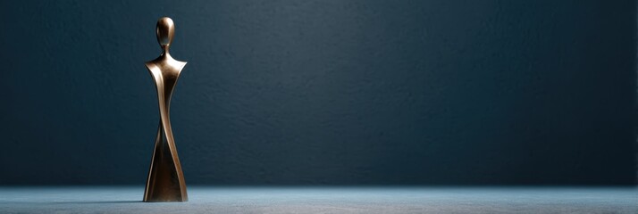 minimalist bronze sculpture, a high-end d rendering of a minimalist bronze sculpture of an abstract human form, with a focused light on a dark blue backdrop