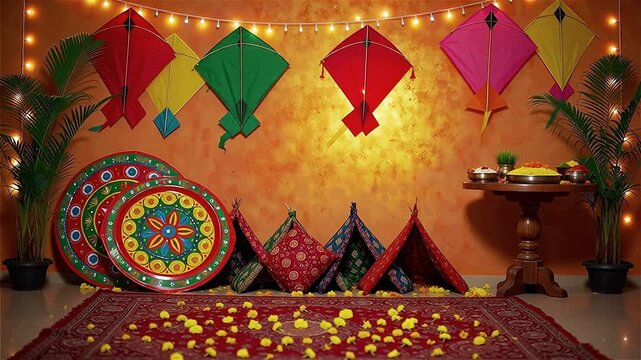 Makar Sankranti festival decoration with colorful kites, string lights and traditional art plates on orange wall. Indian home interior setup for Uttarayan celebration.