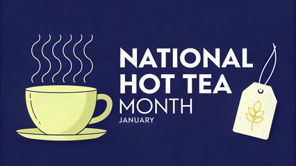 Cup of hot tea with steam on dark background for tea month  