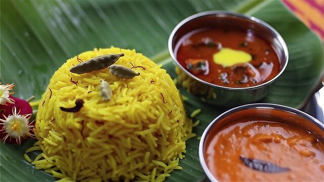 
Esta imagen es un excelente primer plano de comida tradicional del sur de la India. Parece ser Sweet Pongal (arroz dulce con azafr&aacute;n y cardamomo) servido en una hoja de pl&aacute;tano, acompa&ntilde;ado de salsas 