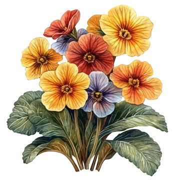 Polyanthus Flower, playful watercolor vector depicting lively antics and expressive gestures, isolated on a white background.