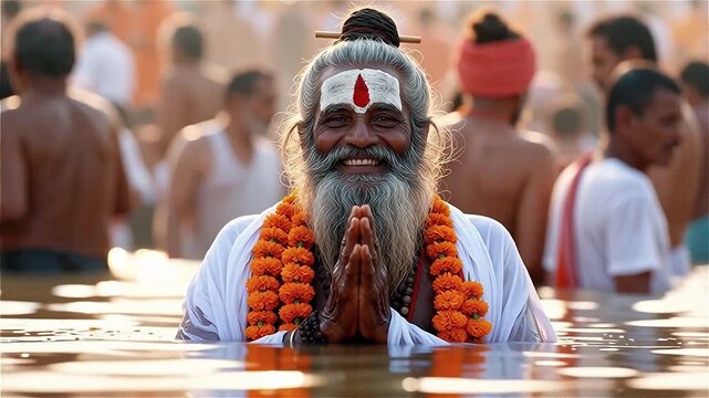 Portrait of a happy bearded Indian Sadhu praying in the river Ganges. Smiling Hindu holy man with marigold garland doing Namaste hands during Kumbh Mela holy dip.