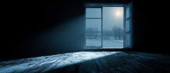 Open window in dark room looking out to snowy winter landscape with dramatic light beam entering.