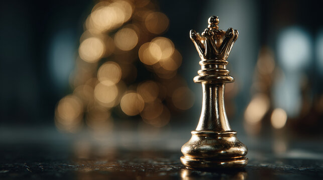 Golden chess queen piece standing alone on table with blurred Christmas tree lights in background symbolizing holiday strategy.