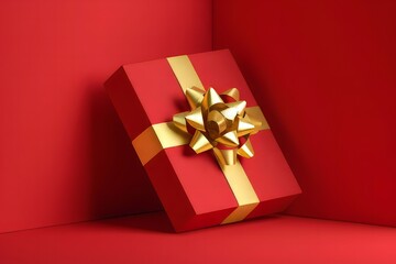 Red Gift Box with Gold Ribbon - Holiday Present Concept