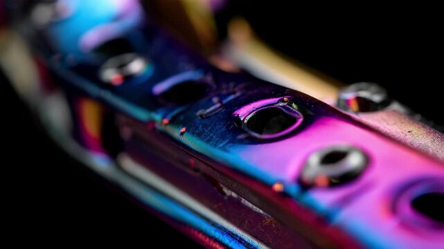 Side angle medium shot of an aluminum bike frame with a colorful anodized surface emphasizing the protective and aesthetic qualities of the oxide layer.