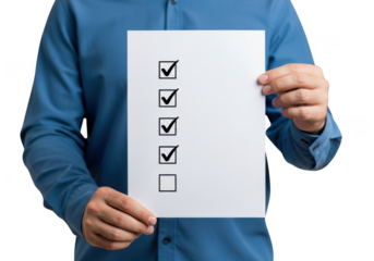 Person wearing a blue shirt holding a white paper with a checklist and four checked boxes isolated on transparent background
