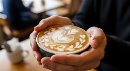 Close-up view of a cup of coffee with tulip shape latte art in hands.
