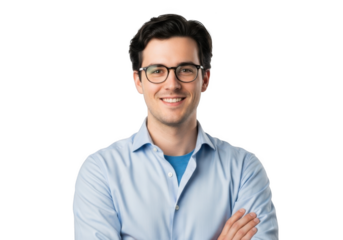 Smiling young man with glasses and light blue collared shirt arms crossed looking directly at camera isolated on transparent background