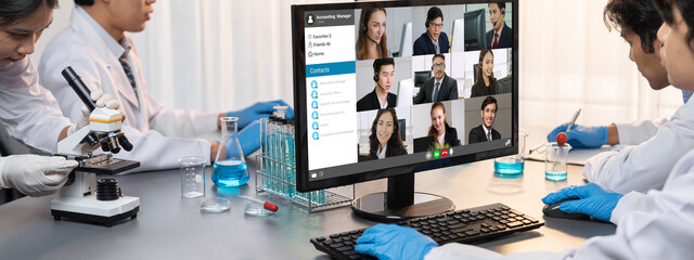 Business people on video conference for brisk virtual group meeting of corprate business office workers
