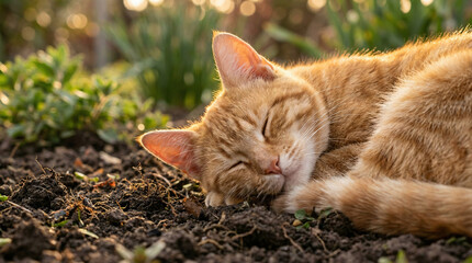 Relaxing Tabby Kitten: Adorable Grey Cat Sleeping Peacefully in Garden Soil, Basking in Sunlight