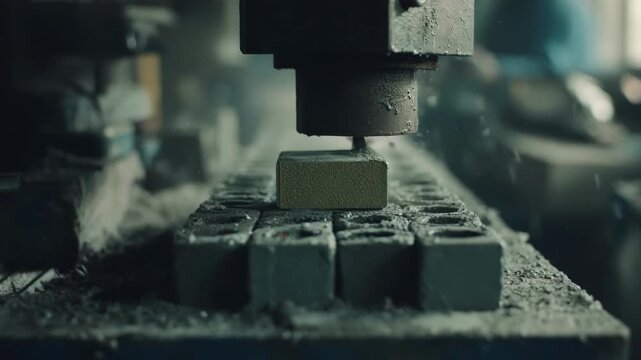 Medium shot of a smallscale vibration table casting process showing detailed mold compaction with precise control in a workshop environment.