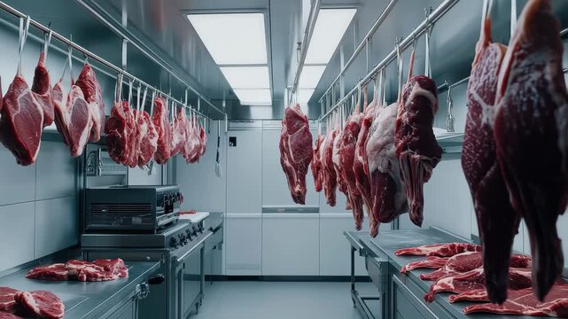 A visible range of freshly hung beef cuts fills a clean and modern refrigeration room. Stainless steel tables and bright overhead lighting enhance the industrial ambiance.