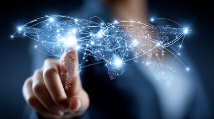 Harnessing Digital Marketing with Data Analytics: A businesswoman uses customer data analytics and smart intelligence to manage a global business network, boosting digital marketin