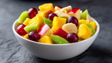 Vibrant and Refreshing Fruit Salad: A bowl filled with fresh and vibrant fruits like mango, apple, banana, and grapes. This fruit salad is not only full of flavor but also packed w