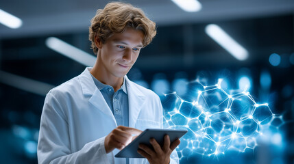 Young Scientist Using Quantum Technology: A young male scientist in a white coat uses a tablet in a research center, interacting with a quantum computer running molecular modeling