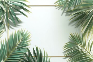 premium flat-lay for summer sale featuring  palm leaves around, thin golden frame in the center