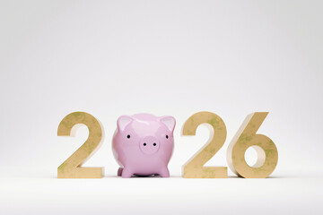 2026 Financial Planning Concept. A pink piggy bank stands between large, golden, textured numbers...