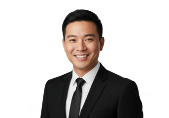 Smiling asian man in a formal black suit and white shirt with a dark tie professional portrait isolated on transparent background