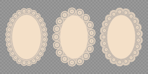 Trendy Vintage Lace-cut A4 Oval Frames. Vector isolated Illustration for Invitation, Card, Flyer, Poster, Page Border, etc.