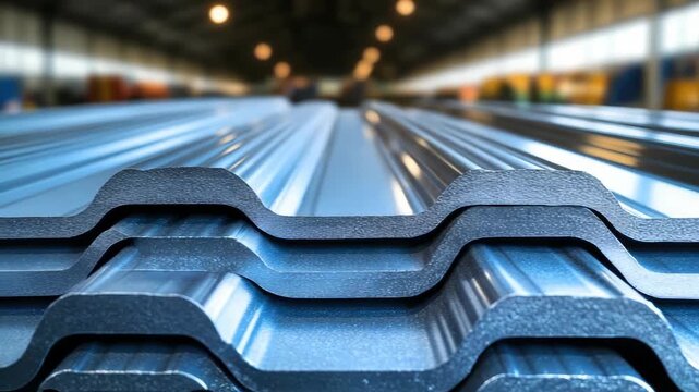 Close up view of profiled galvanized steel sheets stacked in a large, well lit warehouse, showcasing industrial construction materials ready for shipment or use in building projects