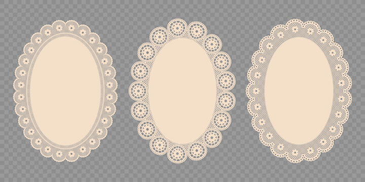 Trendy Vintage Lace-cut A4 Oval Frames. Vector isolated Illustration for Invitation, Card, Flyer, Poster, Page Border, etc.