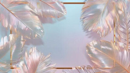 Premium background featuring pearlescent tropical leaves and elegant thin frame